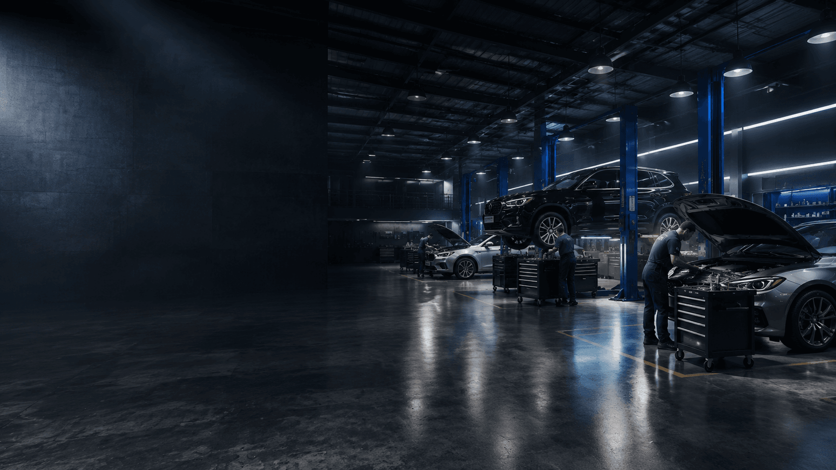 Professional auto workshop with car on hydraulic lift